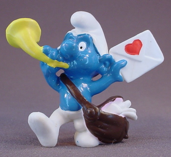 Postman Or Mailman Smurf With A Bag Full Of Mail & A Yellow Horn PVC Figure, Holding A Letter With A Heart On It, #20031, Peyo Schleich Germany, Made In China, Smurfs, Vintage, Figurine