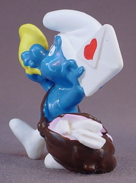 Postman Or Mailman Smurf With A Bag Full Of Mail & A Yellow Horn PVC Figure, Holding A Letter With A Heart On It, #20031, Peyo Schleich Germany, Made In China, Smurfs, Vintage, Figurine