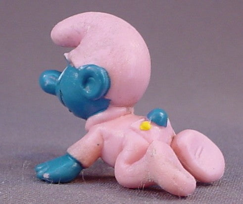 Baby Smurf In A Pink Sleeper & Holding A Rattle PVC Figure, #20202, 1984 Peyo Schleich, Smurfs, Vintage, Figurine, W. Berrie & Co.