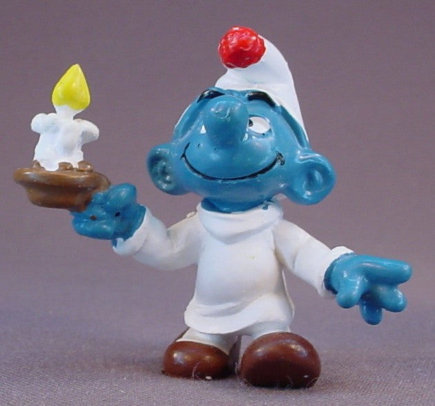 Smurf Wearing A White Nightgown & Holding A Candle PVC Figure, #20060, 1979 Peyo, West Germany, Smurfs, Vintage, Figurine