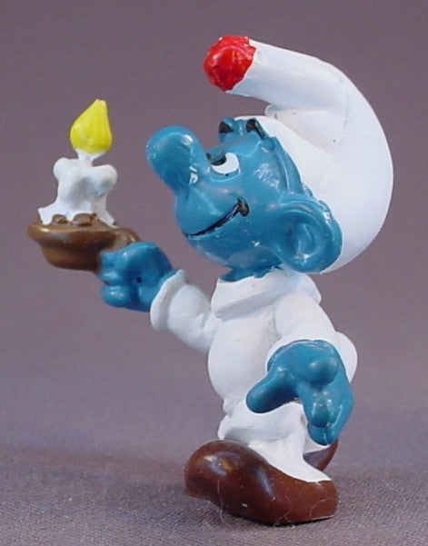 Smurf Wearing A White Nightgown & Holding A Candle PVC Figure, #20060, 1979 Peyo, West Germany, Smurfs, Vintage, Figurine