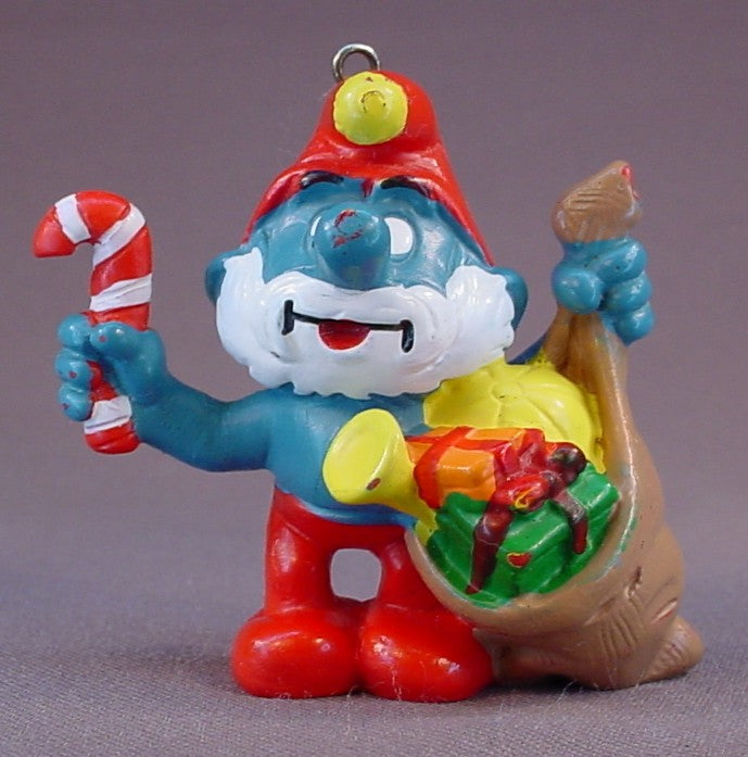Santa Claus Papa Smurf PVC Figure Ornament, Has A Bag Of Presents & A Candy Cane, #20124, 1981 Peyo Schleich, Made In Portugal, Smurfs, Vintage, Figurine