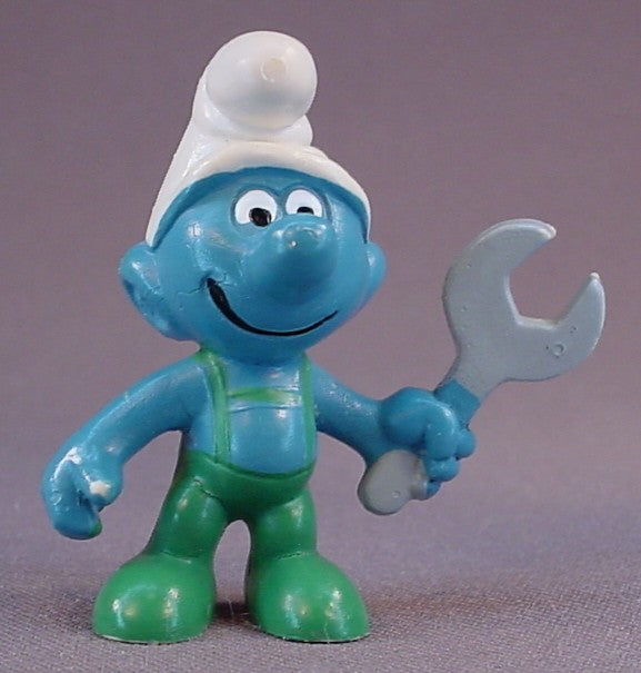 Mechanic Smurf Holding A Wrench PVC Figure, Green Pants Variation, #20012, 1970 Peyo Schleich, Made In Germany, Smurfs, Vintage, Figurine