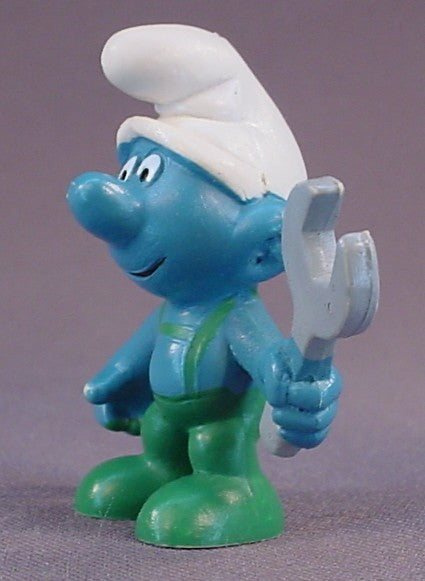 Mechanic Smurf Holding A Wrench PVC Figure, Green Pants Variation, #20012, 1970 Peyo Schleich, Made In Germany, Smurfs, Vintage, Figurine