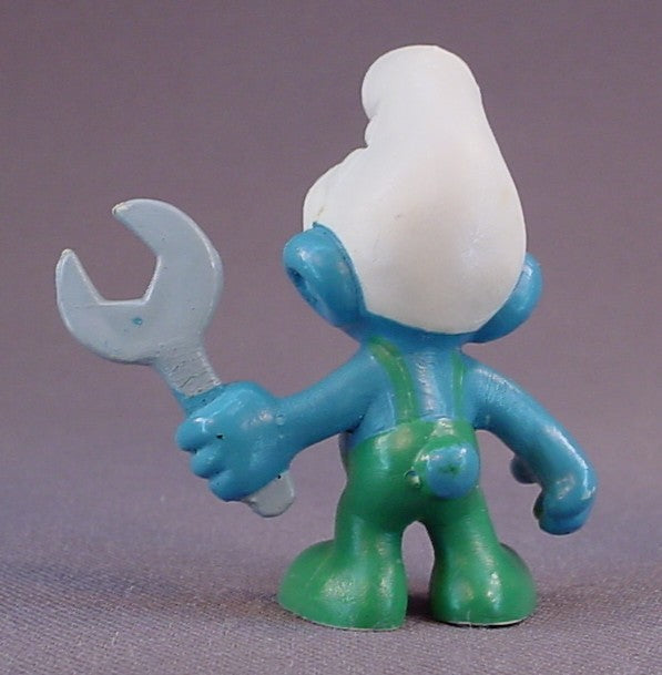 Mechanic Smurf Holding A Wrench PVC Figure, Green Pants Variation, #20012, 1970 Peyo Schleich, Made In Germany, Smurfs, Vintage, Figurine