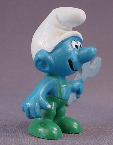 Mechanic Smurf Holding A Wrench PVC Figure, Green Pants Variation, #20012, 1970 Peyo Schleich, Made In Germany, Smurfs, Vintage, Figurine
