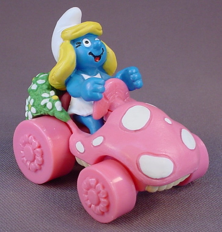 Smurfette PVC Figure Driving Her Pink Mushroom Car, Super Smurf Series, #40265, 2001 Peyo Schleich, Germany, China, Smurfs, Vintage, Figurine, The Figure Is Removable From The Car