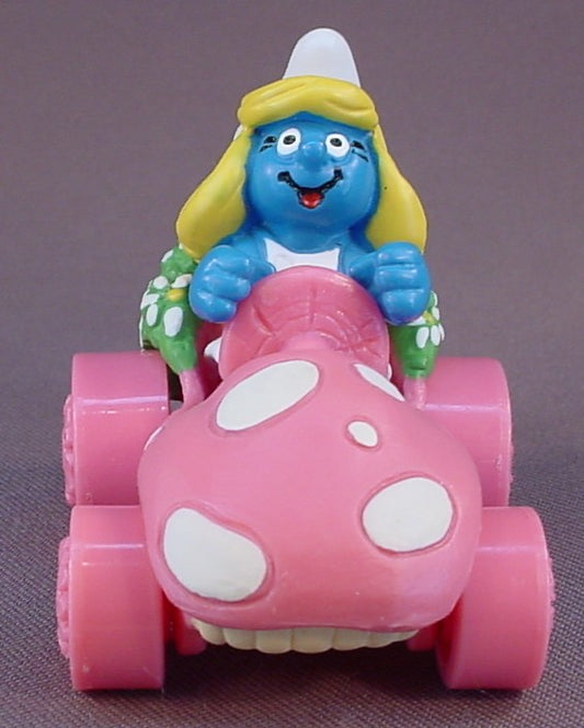 Smurfette PVC Figure Driving Her Pink Mushroom Car, Super Smurf Series, #40265, 2001 Peyo Schleich, Germany, China, Smurfs, Vintage, Figurine, The Figure Is Removable From The Car