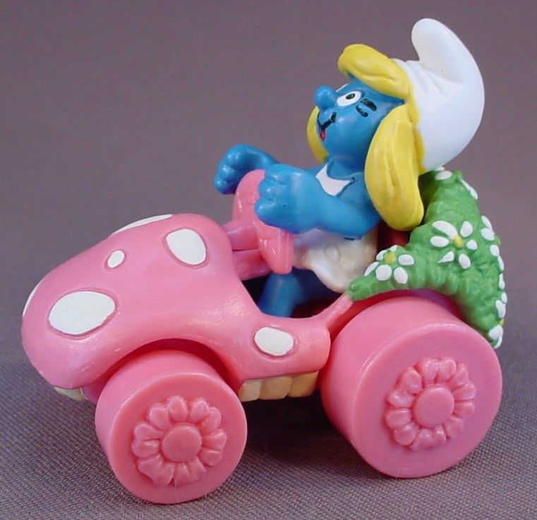 Smurfette PVC Figure Driving Her Pink Mushroom Car, Super Smurf Series, #40265, 2001 Peyo Schleich, Germany, China, Smurfs, Vintage, Figurine, The Figure Is Removable From The Car