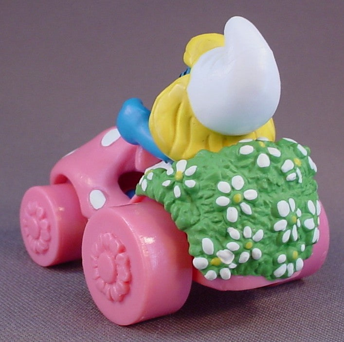 Smurfette PVC Figure Driving Her Pink Mushroom Car, Super Smurf Series, #40265, 2001 Peyo Schleich, Germany, China, Smurfs, Vintage, Figurine, The Figure Is Removable From The Car