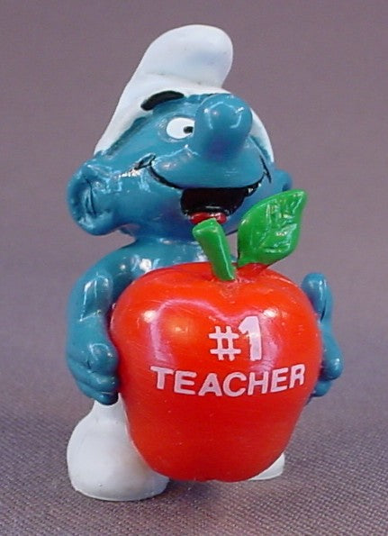 Smurf Holding A Red Apple With #1 Teacher Printed On It PVC Figure, #20160, 1983 Peyo Schleich, Hong Kong, W. Berrie Co., Smurfs, Vintage, Figurine