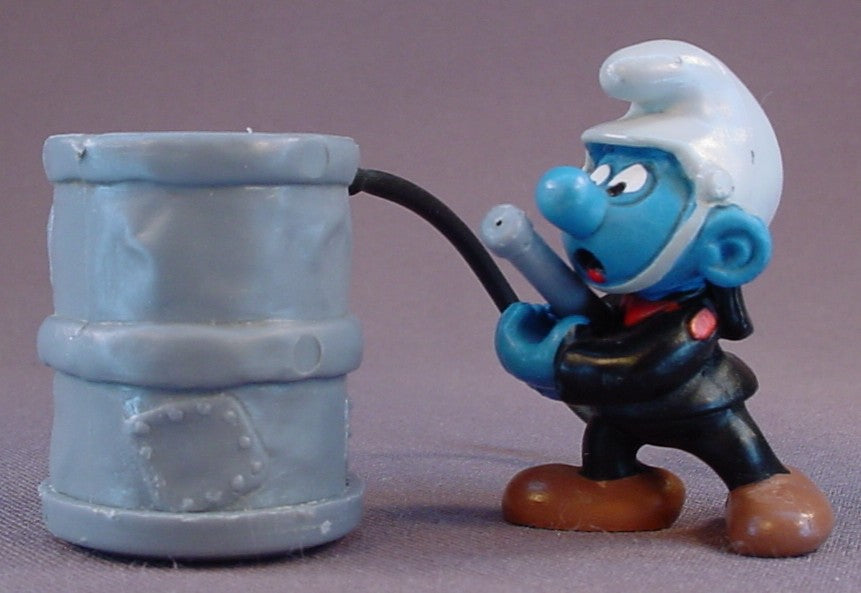 Fireman Smurf PVC Figure With His Barrel & Rubber Hose, Super Smurf Series, Black Uniform Variation, #40216, 1981 Peyo Schleich, West Germany, Smurfs, Vintage, Figurine