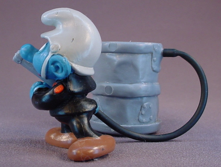 Fireman Smurf PVC Figure With His Barrel & Rubber Hose, Super Smurf Series, Black Uniform Variation, #40216, 1981 Peyo Schleich, West Germany, Smurfs, Vintage, Figurine