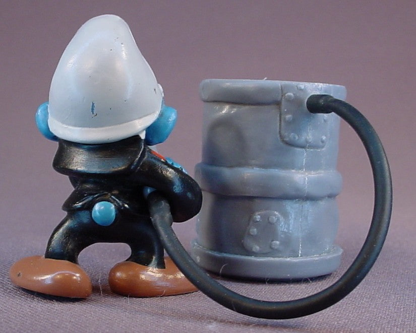 Fireman Smurf PVC Figure With His Barrel & Rubber Hose, Super Smurf Series, Black Uniform Variation, #40216, 1981 Peyo Schleich, West Germany, Smurfs, Vintage, Figurine
