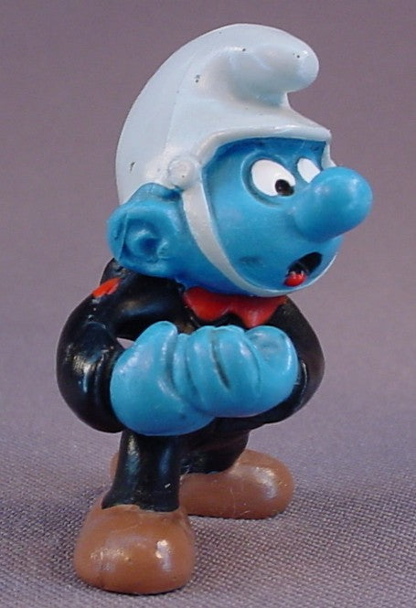 Fireman Smurf PVC Figure With His Barrel & Rubber Hose, Super Smurf Series, Black Uniform Variation, #40216, 1981 Peyo Schleich, West Germany, Smurfs, Vintage, Figurine