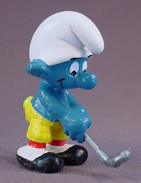 Golfer Smurf In Yellow Pants PVC Figure, #20055, 1979 Peyo Schleich, West Germany, Has A Removable Golf Club, Smurfs, Vintage, Figurine