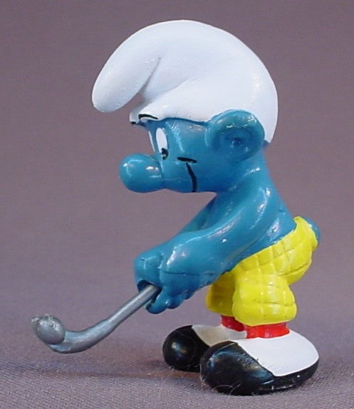 Golfer Smurf In Yellow Pants PVC Figure, #20055, 1979 Peyo Schleich, West Germany, Has A Removable Golf Club, Smurfs, Vintage, Figurine