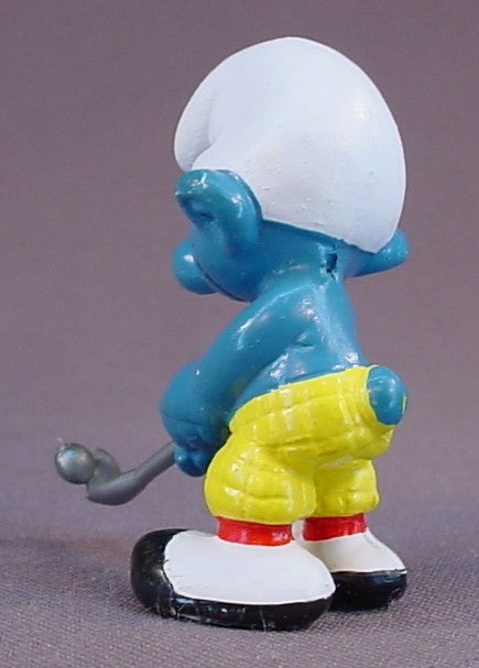 Golfer Smurf In Yellow Pants PVC Figure, #20055, 1979 Peyo Schleich, West Germany, Has A Removable Golf Club, Smurfs, Vintage, Figurine