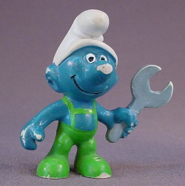 Mechanic Smurf Holding A Wrench PVC Figure, Green Pants Variation, #20012, 1970 Peyo Schleich, Made In Germany, Lots Of Paint Rubs, Smurfs, Vintage, Figurine