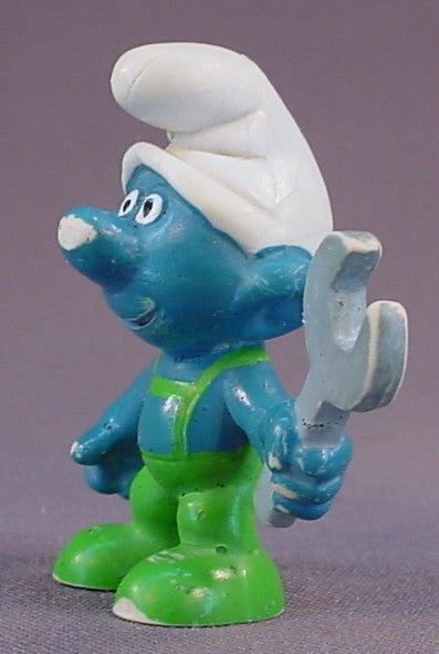 Mechanic Smurf Holding A Wrench PVC Figure, Green Pants Variation, #20012, 1970 Peyo Schleich, Made In Germany, Lots Of Paint Rubs, Smurfs, Vintage, Figurine