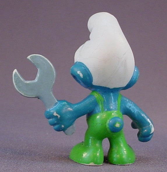 Mechanic Smurf Holding A Wrench PVC Figure, Green Pants Variation, #20012, 1970 Peyo Schleich, Made In Germany, Lots Of Paint Rubs, Smurfs, Vintage, Figurine