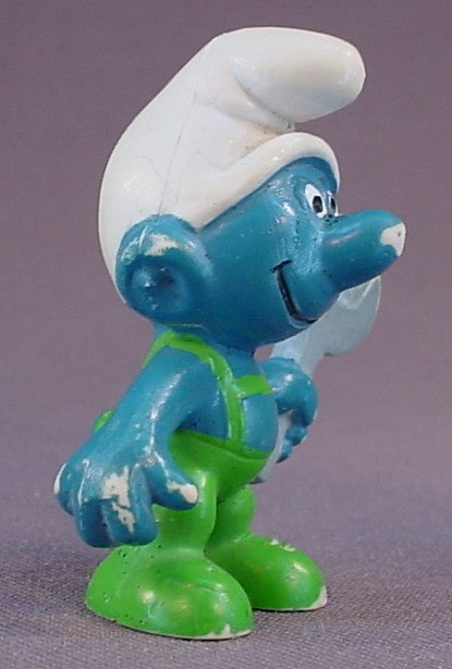 Mechanic Smurf Holding A Wrench PVC Figure, Green Pants Variation, #20012, 1970 Peyo Schleich, Made In Germany, Lots Of Paint Rubs, Smurfs, Vintage, Figurine