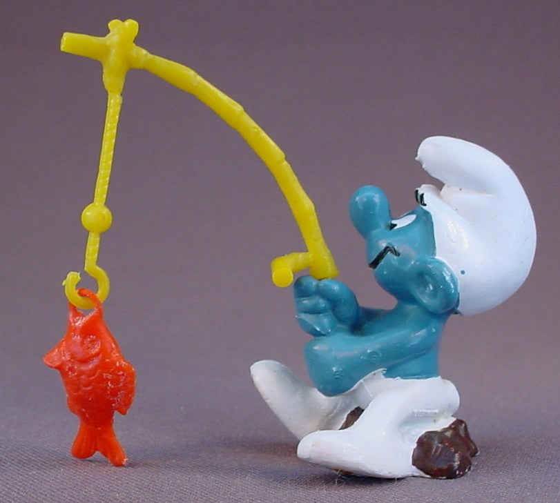 Angler Smurf Catching A Rare Orange Fish While Sitting On A Stump PVC Figure, Super Smurf Series, #40207, 1979 Peyo Schleich, West Germany, Smurfs, Vintage, Figurine