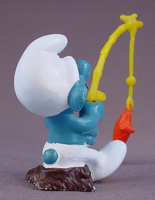 Angler Smurf Catching A Rare Orange Fish While Sitting On A Stump PVC Figure, Super Smurf Series, #40207, 1979 Peyo Schleich, West Germany, Smurfs, Vintage, Figurine