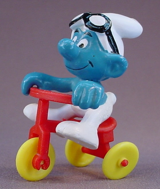 Smurf Wearing Goggles PVC Figure Riding His Red Tricycle, Super Smurf Series, #40203, 1978 Peyo Schleich, West Germany, Smurfs, Vintage, Figurine