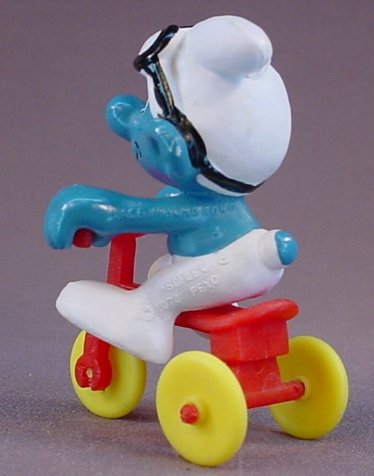 Smurf Wearing Goggles PVC Figure Riding His Red Tricycle, Super Smurf Series, #40203, 1978 Peyo Schleich, West Germany, Smurfs, Vintage, Figurine