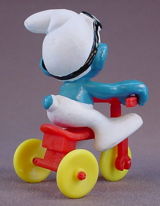 Smurf Wearing Goggles PVC Figure Riding His Red Tricycle, Super Smurf Series, #40203, 1978 Peyo Schleich, West Germany, Smurfs, Vintage, Figurine