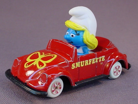 Smurfette Driving A Red Diecast Metal Convertible Car With A Butterfly Design, Rolls Straight, Smurfs, Vintage, Figurine, Die-Cast, 1983 The ERTL Co., Wallace Berrie & Co., Hong Kong
