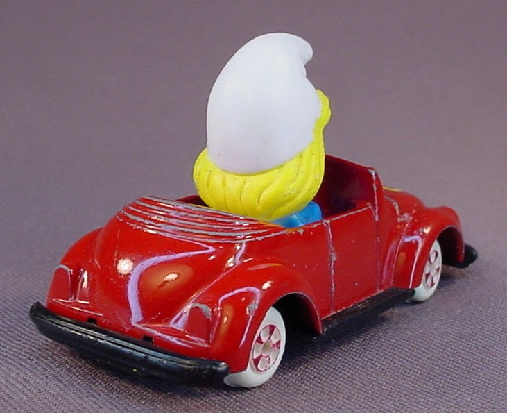 Smurfette Driving A Red Diecast Metal Convertible Car With A Butterfly Design, Rolls Straight, Smurfs, Vintage, Figurine, Die-Cast, 1983 The ERTL Co., Wallace Berrie & Co., Hong Kong