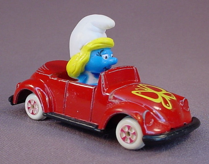 Smurfette Driving A Red Diecast Metal Convertible Car With A Butterfly Design, Rolls Straight, Smurfs, Vintage, Figurine, Die-Cast, 1983 The ERTL Co., Wallace Berrie & Co., Hong Kong