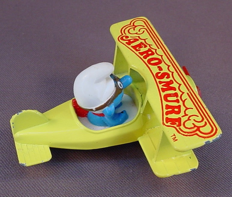 Aero-Smurf Flying A Diecast Metal Biplane Airplane, Smurfs, Vintage, Figurine, Die-Cast, 1982 The ERTL Co., Wallace Berrie & Co., China