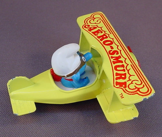 Aero-Smurf Flying A Diecast Metal Biplane Airplane, Smurfs, Vintage, Figurine, Die-Cast, 1982 The ERTL Co., Wallace Berrie & Co., China