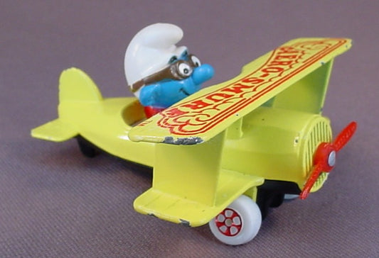 Aero-Smurf Flying A Diecast Metal Biplane Airplane, Smurfs, Vintage, Figurine, Die-Cast, 1982 The ERTL Co., Wallace Berrie & Co., China