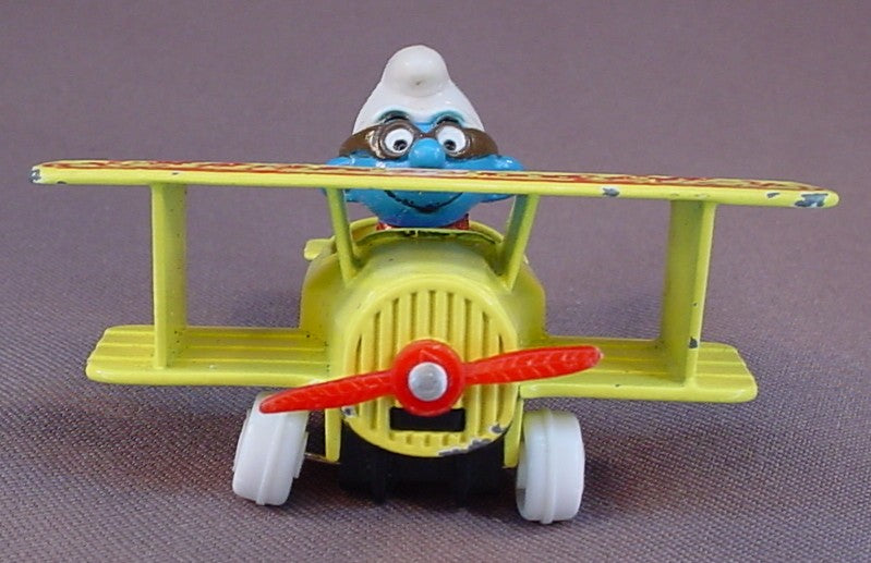 Aero-Smurf Flying A Diecast Metal Biplane Airplane, Smurfs, Vintage, Figurine, Die-Cast, 1982 The ERTL Co., Wallace Berrie & Co., China
