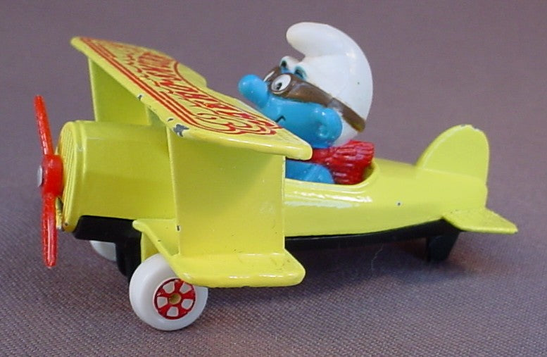 Aero-Smurf Flying A Diecast Metal Biplane Airplane, Smurfs, Vintage, Figurine, Die-Cast, 1982 The ERTL Co., Wallace Berrie & Co., China