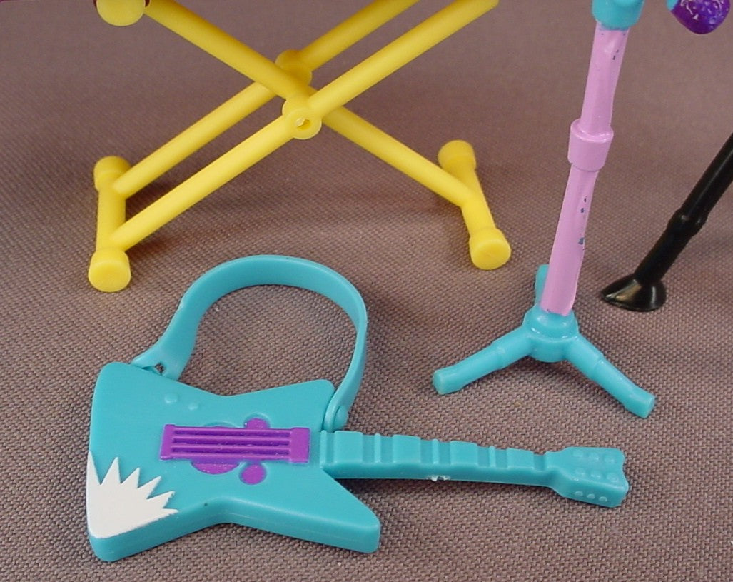 Littlest Pet Shop Set Of 4 Accessories From A Totally Talented Pet Band Set, Keyboard With Removable Stand, Electric Guitar, Microphone On A Stand, Tripod And Removable Camera, Hasbro