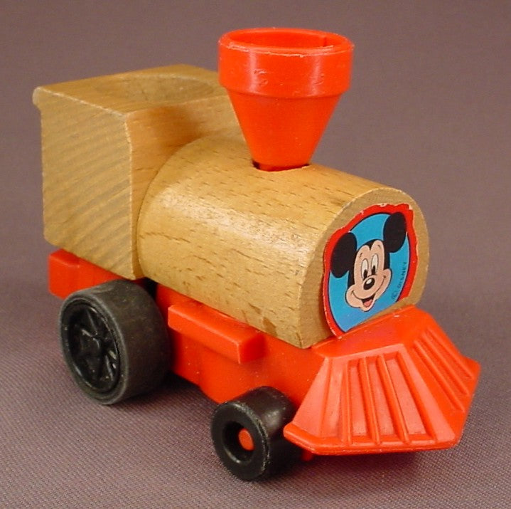 Disney Wind Up Mickey Mouse Railroad Wooden Locomotive Or Engine, Mickeytown, Turn The Smokestack To Wind It Up, Has Been Tested & Works, 1989 Mattel, Italy, Wood, Putt-Putt