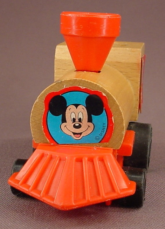 Disney Wind Up Mickey Mouse Railroad Wooden Locomotive Or Engine, Mickeytown, Turn The Smokestack To Wind It Up, Has Been Tested & Works, 1989 Mattel, Italy, Wood, Putt-Putt