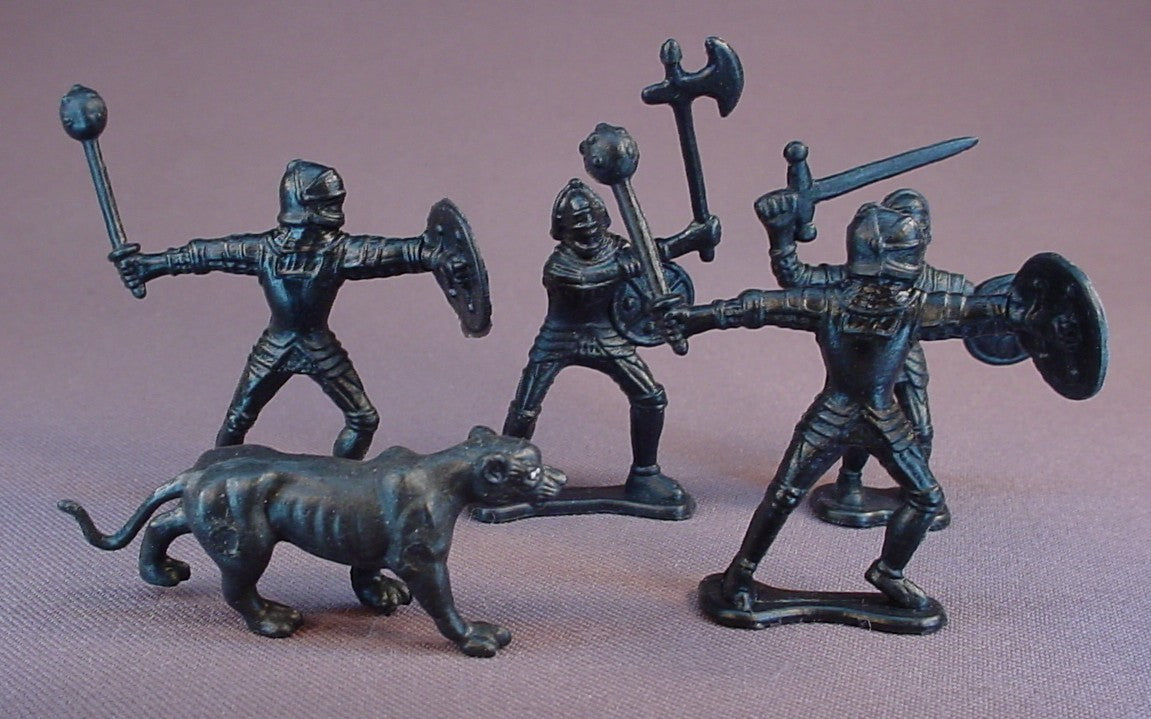 Roman Gladiator Figures With A Lion Or Panther, Set Of 5, All Black, Toy Soldiers, 2 1/4 Inches Tall