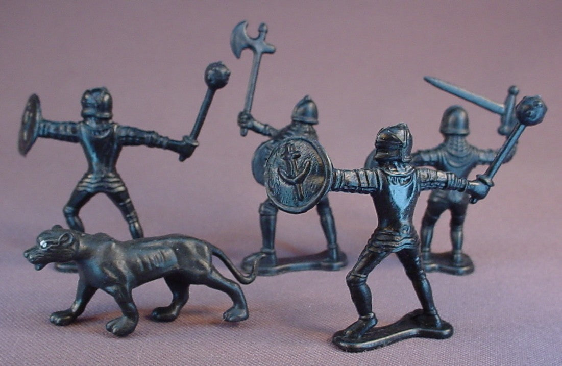Roman Gladiator Figures With A Lion Or Panther, Set Of 5, All Black, Toy Soldiers, 2 1/4 Inches Tall