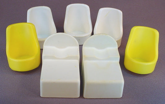 Tree Tots Treehouse Lot Of 7 Pieces Of Furniture, 1975 Kenner, G.M.F.G.I., Vintage, General Mills Food Group, 3 White Chairs, 2 White Beds, 2 Yellow Chairs, Tree House, GMFGI