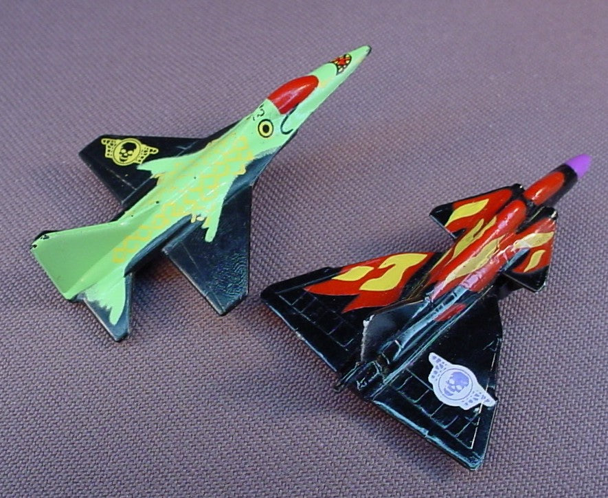 Ring Raiders Pair Of Plastic Jet Airplanes, Skull Squadron, 1988 T.C.F.C., Matchbox Intl., Vintage, Does Not Come With Any Rings, Skull Force, Micro Machines, 2 To 2 1/4 Inches Long, TCFC