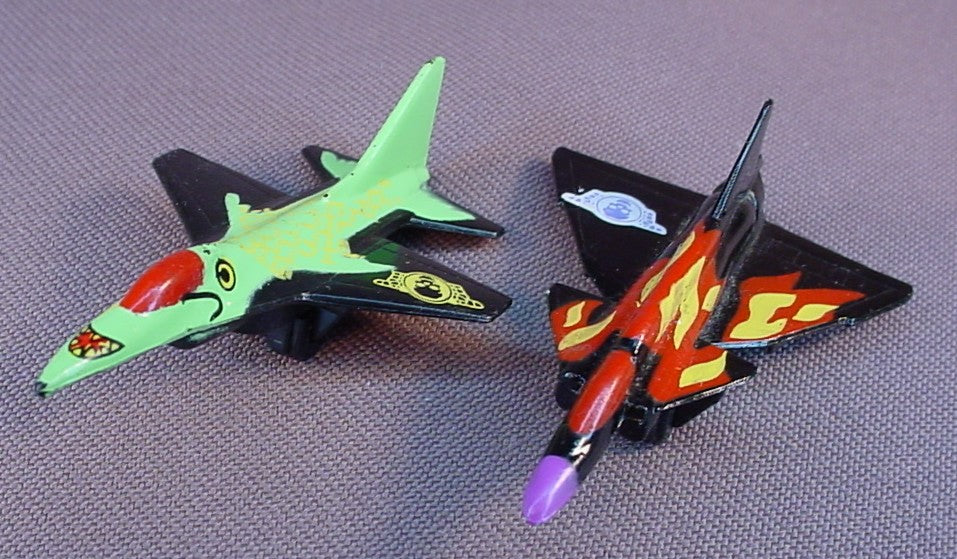 Ring Raiders Pair Of Plastic Jet Airplanes, Skull Squadron, 1988 T.C.F.C., Matchbox Intl., Vintage, Does Not Come With Any Rings, Skull Force, Micro Machines, 2 To 2 1/4 Inches Long, TCFC