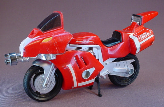 Power Rangers Red Ranger Motorcycle With The Kickstand, T-Rex Or Tyrannosaurus Rex Battle Bike, 6 3/4 Inches Long, Has Wear On One Side Of The Cowl, 1993 Bandai, Mighty Morphin Power Rangers, MMPR