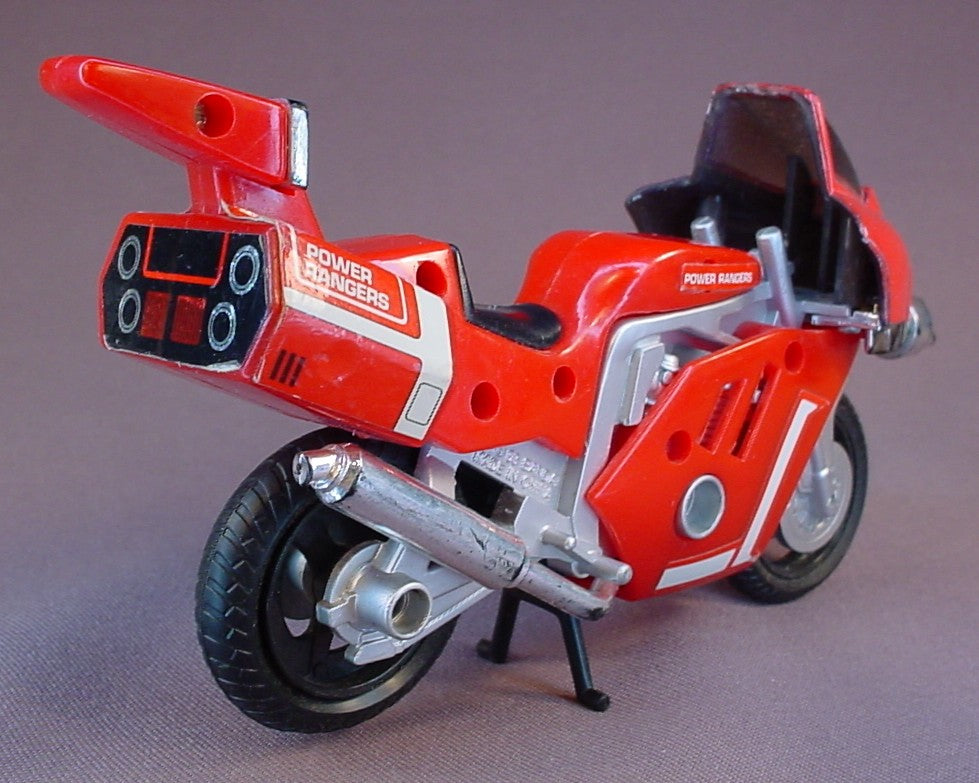 Power Rangers Red Ranger Motorcycle With The Kickstand, T-Rex Or Tyrannosaurus Rex Battle Bike, 6 3/4 Inches Long, Has Wear On One Side Of The Cowl, 1993 Bandai, Mighty Morphin Power Rangers, MMPR