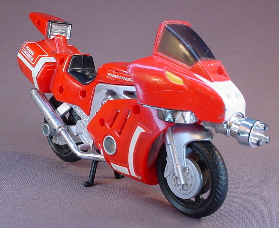 Power Rangers Red Ranger Motorcycle With The Kickstand, T-Rex Or Tyrannosaurus Rex Battle Bike, 6 3/4 Inches Long, Has Wear On One Side Of The Cowl, 1993 Bandai, Mighty Morphin Power Rangers, MMPR